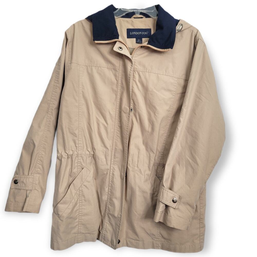 London Fog Khaki Windbreaker Coat Navy Collar Size LARGE